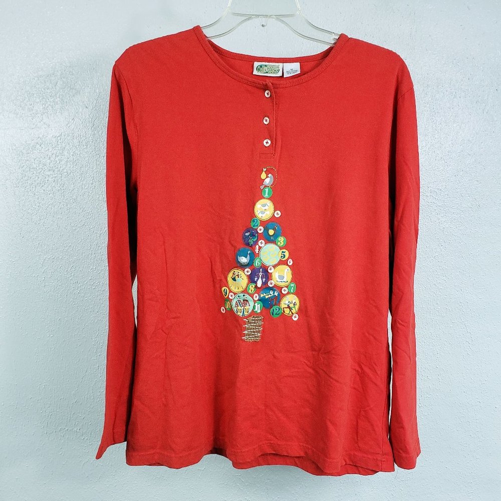 Collections Etc Women's Red Henley Christmas Tree Long Sleeve Shirt Top Blouse